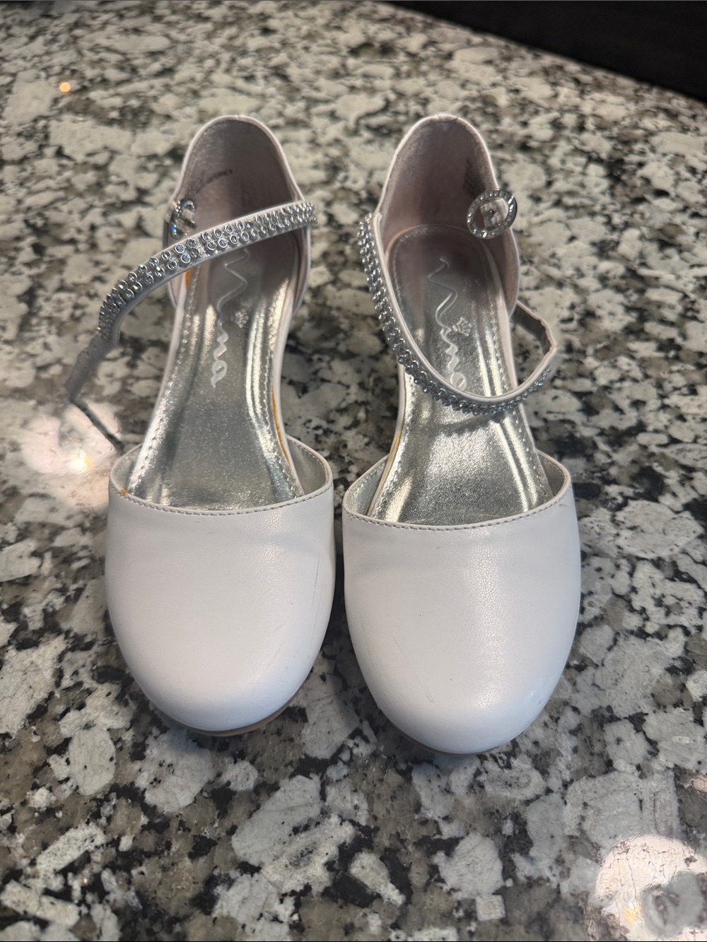 Girls' White Rhinestone Strap Dress Flats